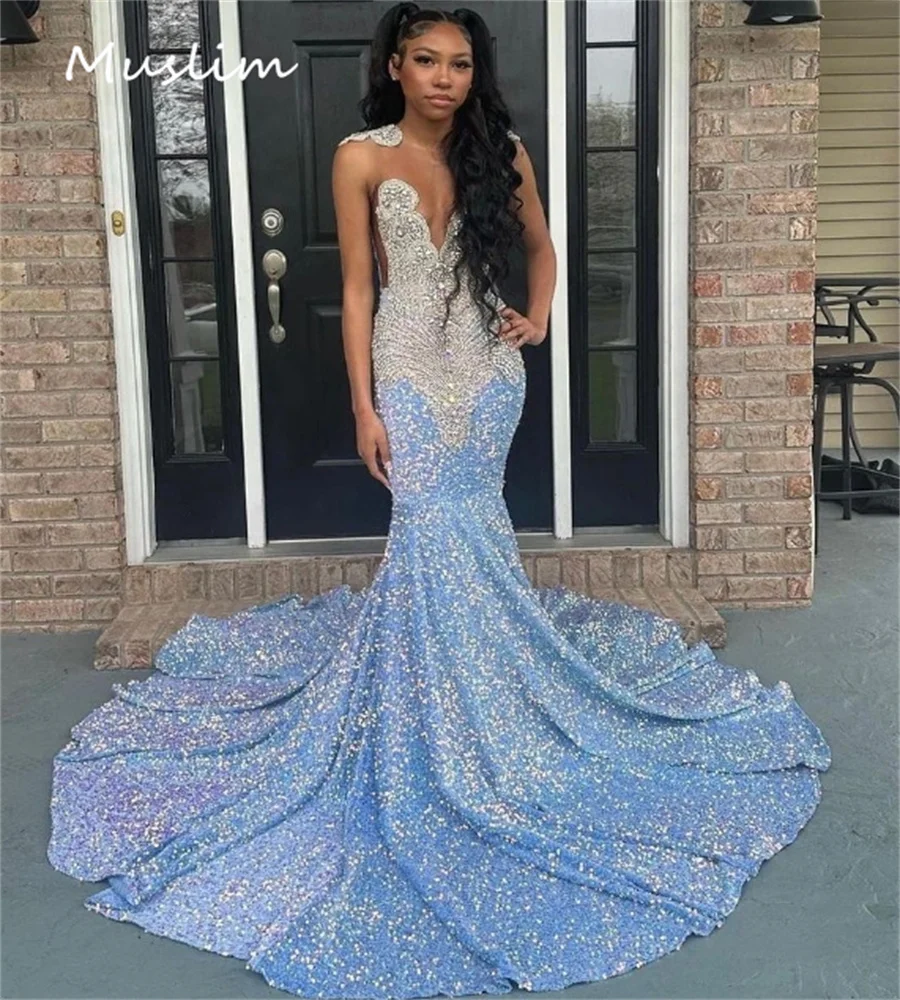 Südafrikanische Pailletten-Abendkleider, glitzernde Meerjungfrau, Diamant-Kristall-Abschlussballkleid, schwerer Stein, formelle Party, Geburtstag, individuell