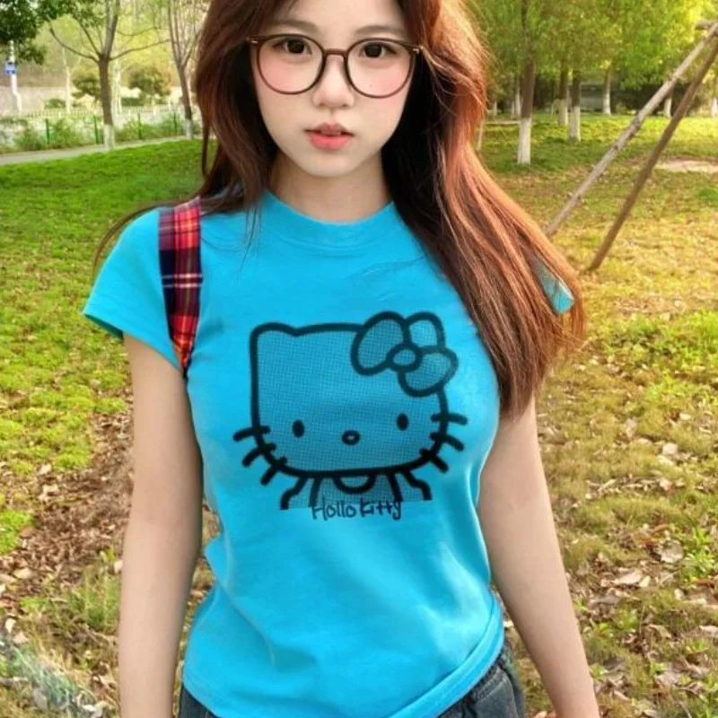 

Sanrio Hello Kitty women's T-shirt tops Short Sleeve Cotton Summer New American Style High Quality Popular Simple Blue fashion