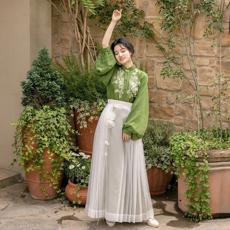 

Tongguan оригинальный шелковый комплект с юбкой на пуговицах с вертикальным воротником, крутой летний повседневный универсальный женский комплект Hanfu Premium Faion