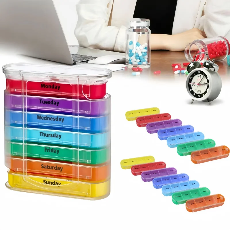 7‑Day Weekly Pill Organizer, Stackable Daily Pill Box with Compartments, Color‑Coded Transparent Weekly Medication Storage Case