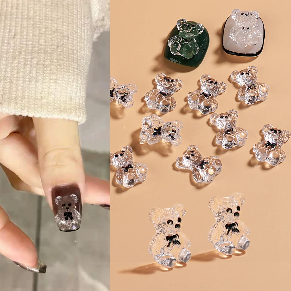 1Pack Transparent Cute Bear Nail Charms Bulk Resin Adorable Panda Coon Nails Parts Crystal Manicure Accessories Decoration BEBTX