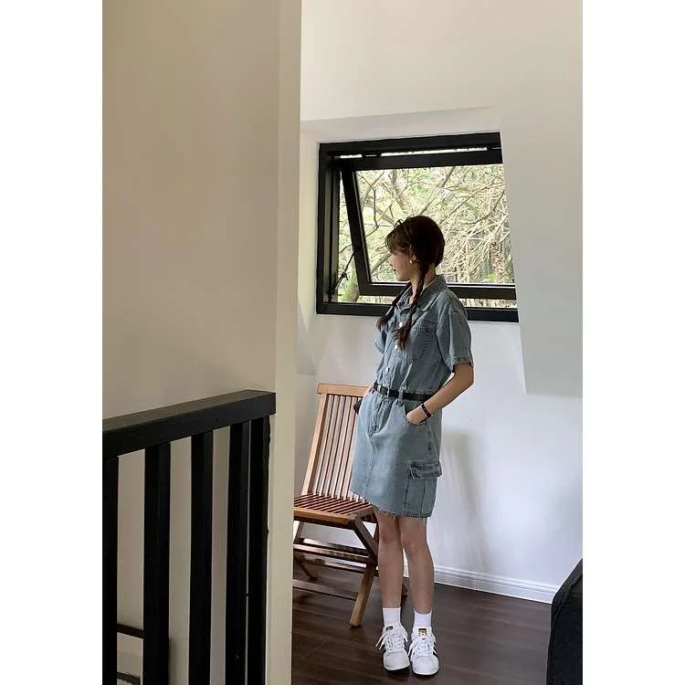 

Huang Zheng Retro High Waist Denim Dr Women's Spring Summer A-Line Skirt Long Sve Korean Sle Ciwalk Dr