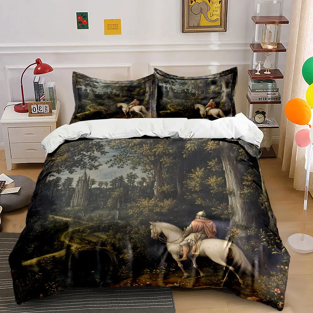 Knight Exploring Forest Print Bedding Set 1 Duvet Cover 2 Pillowcases for Adult and Children Luxury Gift Full Size