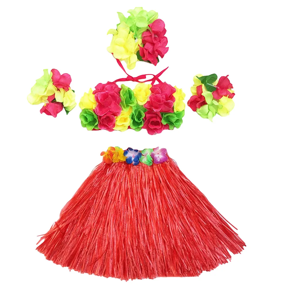 5 قطعة هاواي الاستوائية حولا تنورة مجموعة 40 سنتيمتر ملابس رقص هاواي اكسسوارات الحفلات زهرة أساور عقال الصدرية