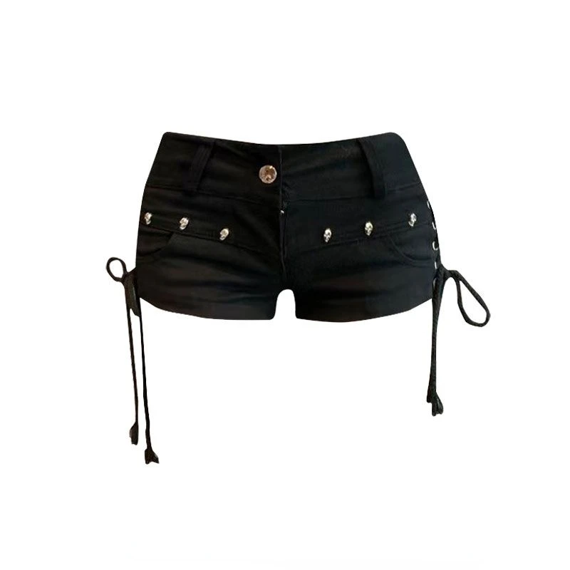 

American Style Rivet Lace Up Black Shorts for Women Oversize Straight Hot Short Pants Y2k Sexy Low-waisted Jeans