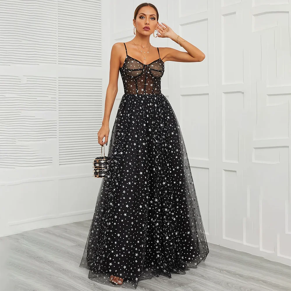 

Long Sweety Illusion Black Stars Formal Evening Dresses Prom Party Gowns Sexy Backless Sweetheart Lace-up A-Line Plus Size