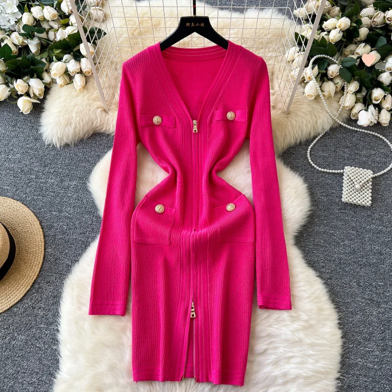 Temperament Sexy Socialite Long-Sleeve Zipper Women's Autumn Metal Buckle Waist-Controlled Base Knitted Sweater Dress