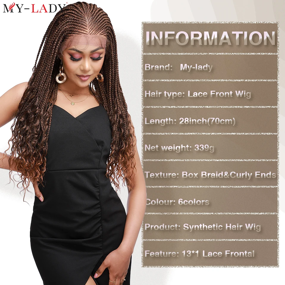 My-Lady Synthetic Box Braided Lace Front Wig 28inch Cornrow Braids Lace Wigs Curly Ends Baby Hair Frontal Afro Brazilian Wigs