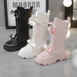 Girls Boots Autumn Winter Warm Plush Princess Long Boots Fashion Pearl Bow Leather Boots Soft Bottom Anti Slip Kids Shoes Pink