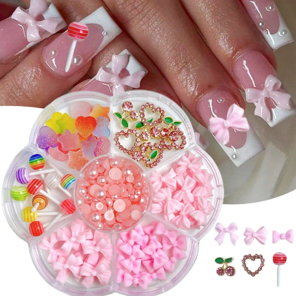 1 ボックス絶妙な合金中空弓チェリーネイルアートチャームカラフルなちょう結び模擬ロリポップハート樹脂ネイルデコレーション DIY