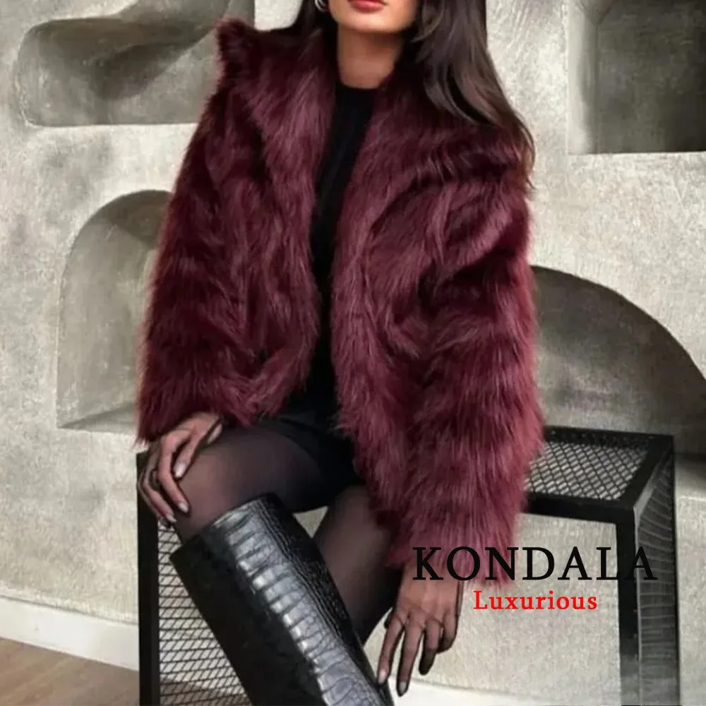 KONDALA Solid Claret Faux Fur Jackets Women Coats Thick Warm Soft Cropped Jakcets Vintage 2025 Long Sleeve Winter Coat Outwears