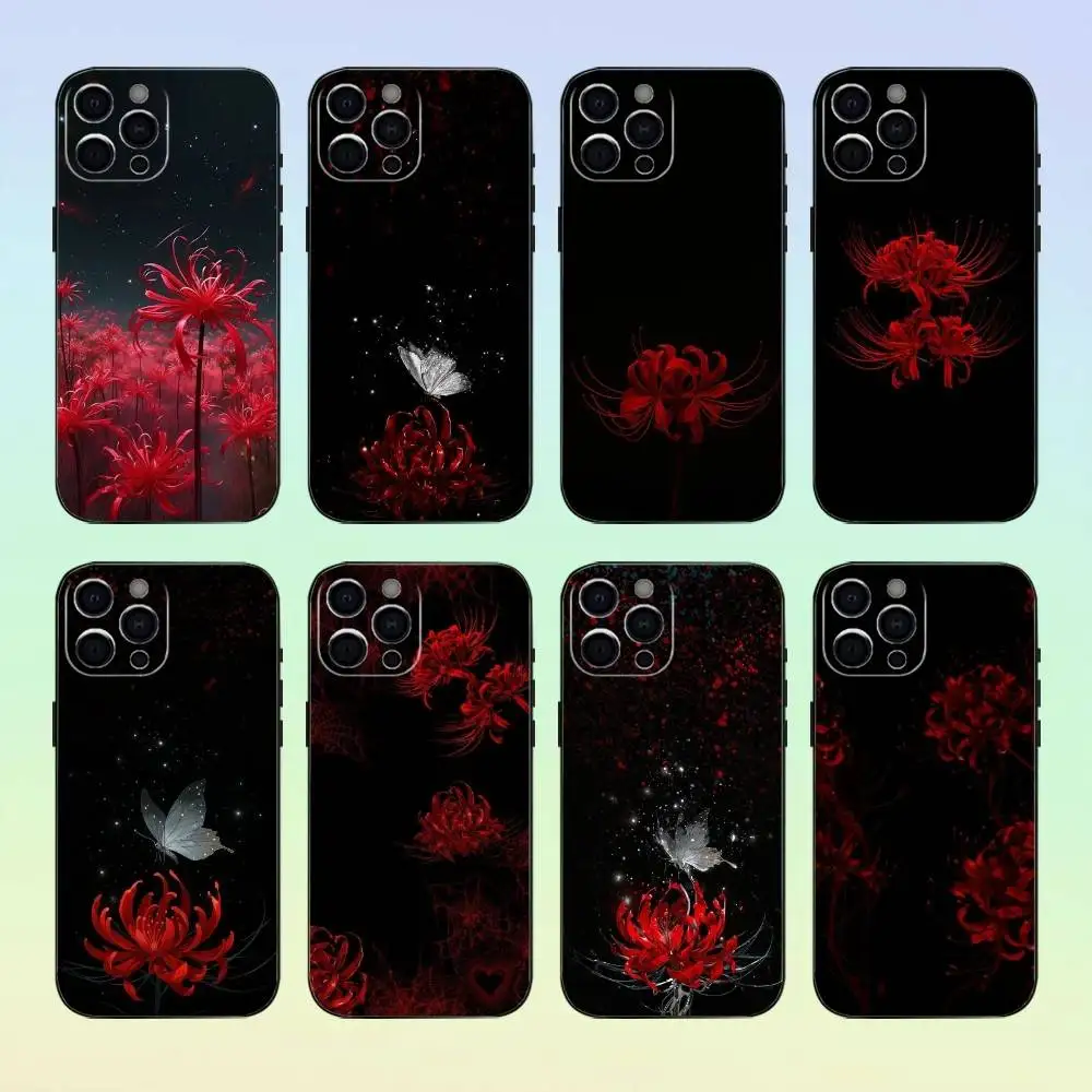 

Red Spider Lily Flower Phone Case For iPhone17,16,15,14,13,12,11 Plus,Pro Max Soft Black Cover