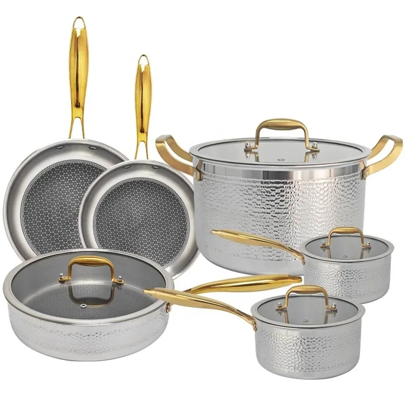 High Quality Induction Non-stick Honeycomb Pan10Pcs Gold Stainless Steel Cookware Set 3 Ply Hammered Stainless Steel Pot and Pan