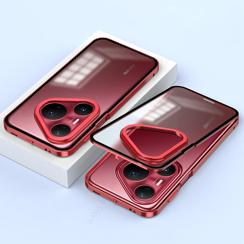 

For Huawei Pura 80 Ultra Tempered Glass Phone Case For Pura 80 Pro Plus Alloy Phone Bumper Magnetic Slide Lock Cover Pura 80 Pro