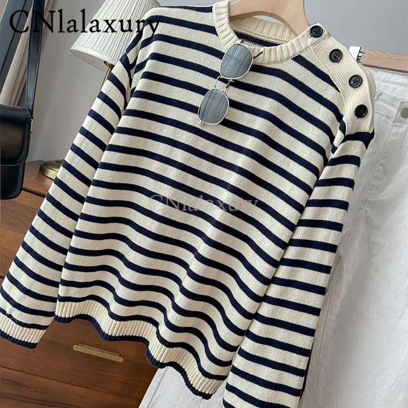 CNlalaxury 2023 Autumn Winter Women New Sense Design Round Neck Button Falling Shoulder Sleeve Stripe Knitwear Simplicity Tops