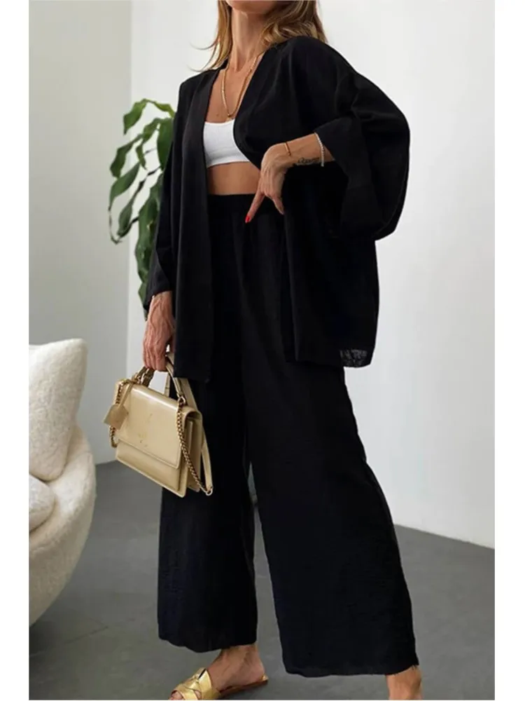 2 Pcs/Set Cardigan Pants Set Women Casual Solid Color Loose Wide Leg Pants Long Sleeve Top Suit Female Soft Lady Coat