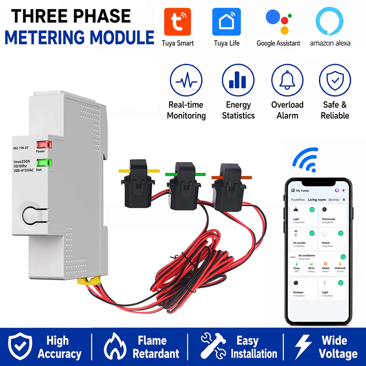 Tuya WIFI 100A Smart Three-Phase Power Monitoring Module for Intelligent Monitoring, Energy Metering, and Application Control