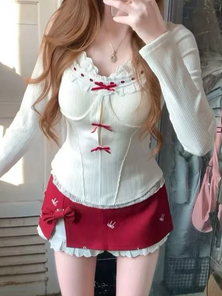 

Retro Design Sweet Chic Slim 2-piece Set Women Elegant Lace Bow Patchwork Thin Tops Female High Waist Red Short Skirt Suit New