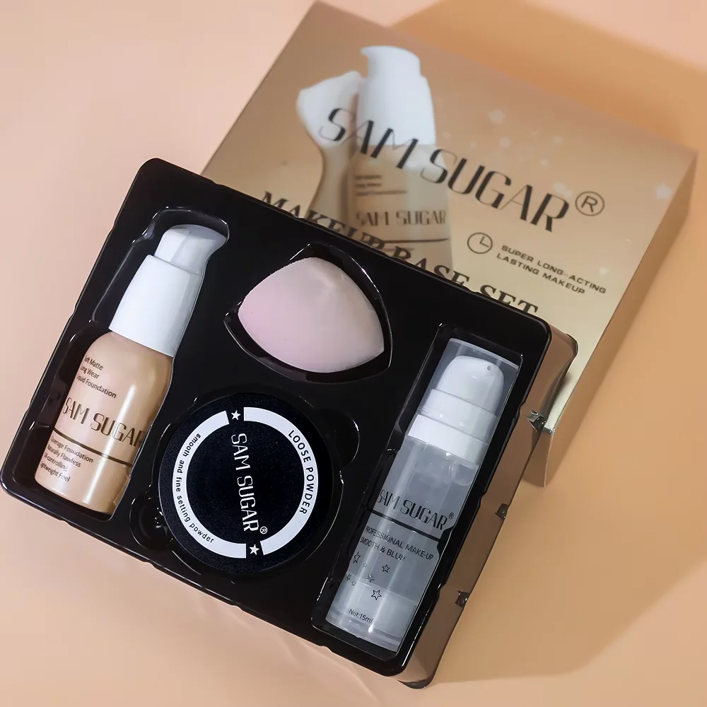 Make-up-Grundierung, Milch-Set, Make-up-Puder, Schwammquaste, vierteiliges Set, langlebig, einfaches Make-up, Make-up-Set, Weihnachtsgeschenk