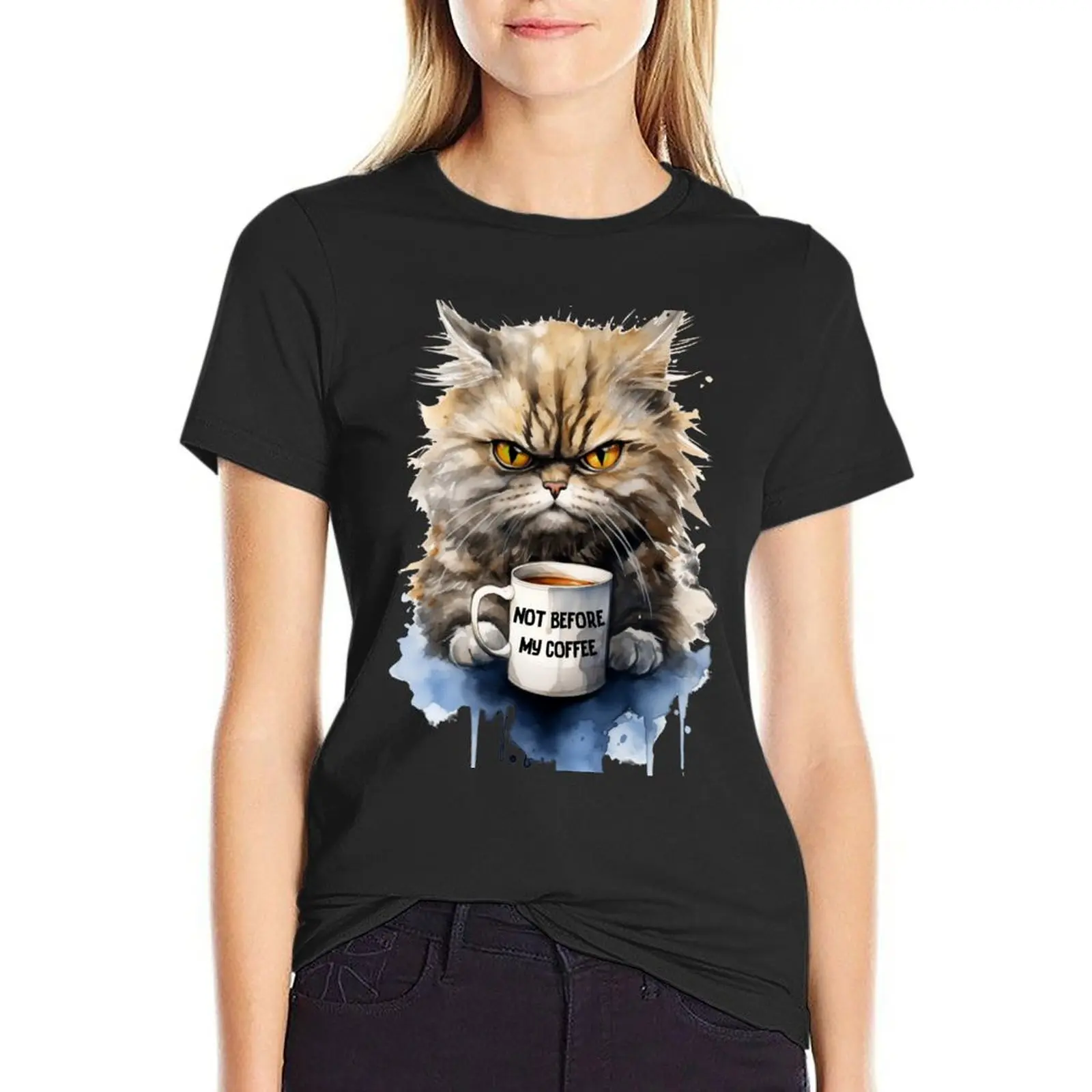 Not Before My Coffee Angry Morning Cat Grumpy Coffee-Drinker Watercolor T-Shirt sweat oversized workout shirts for Women