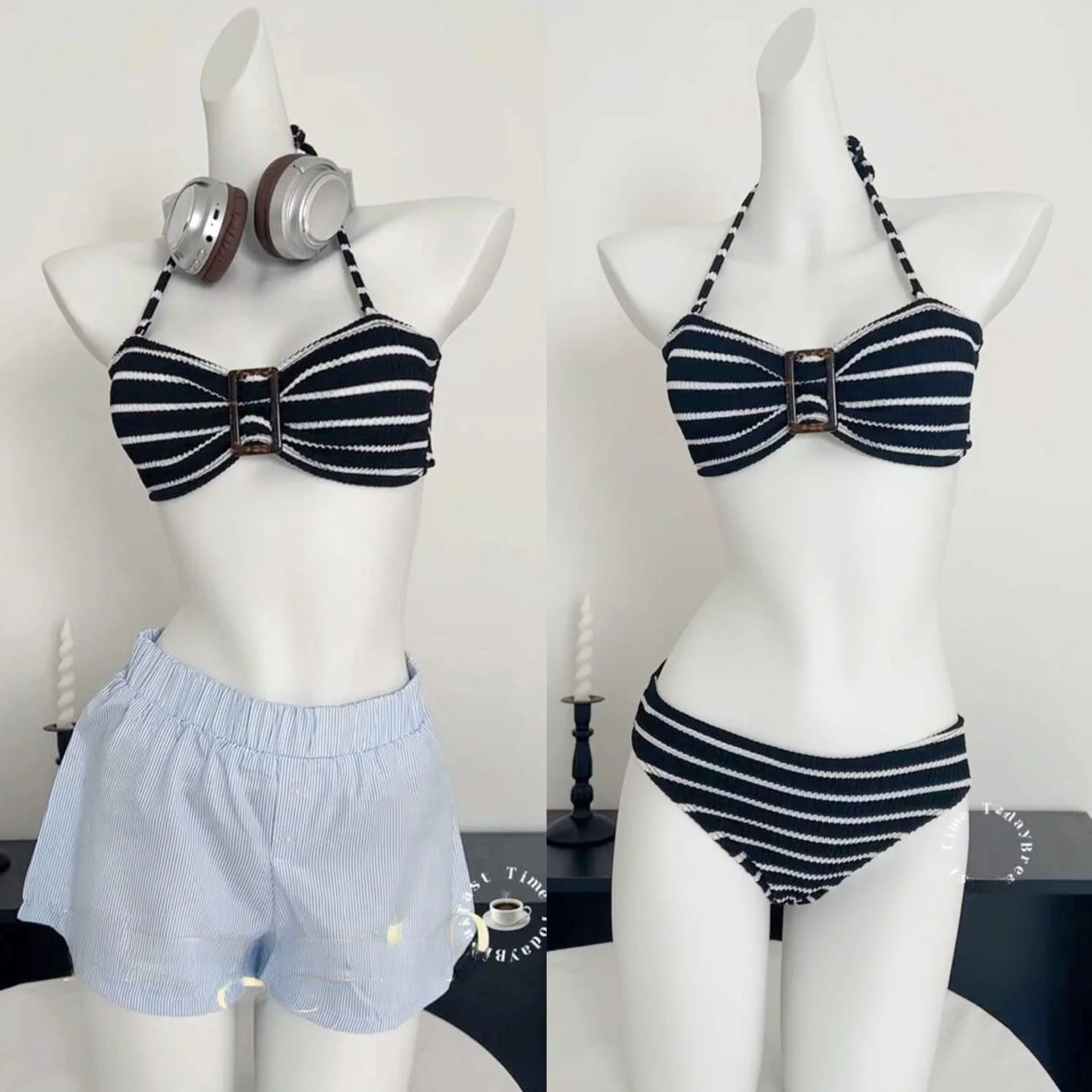

Bla And White Striped Bikini Sexy Strapl Ne Hanging Beachwear for Women Vaion Swimming Suit Polyester Material
