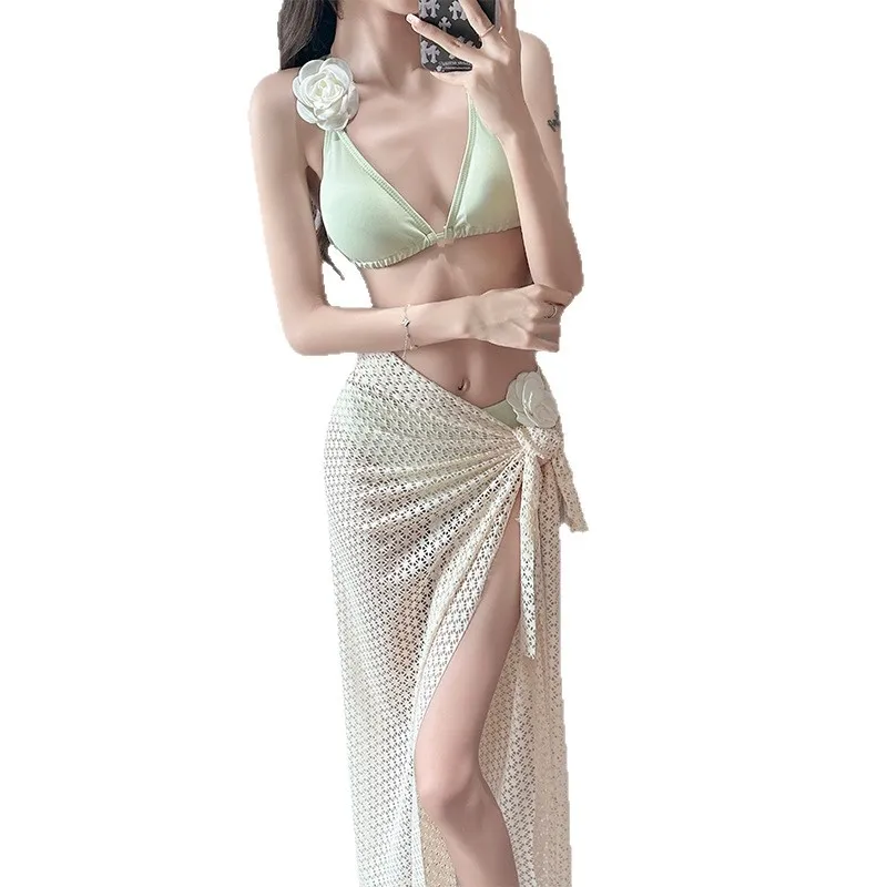 sexy 3d flower kpop bikinis sets three pieces plain swimsuits with long cover skirt swimwear beach outfits sweet biquini tankini