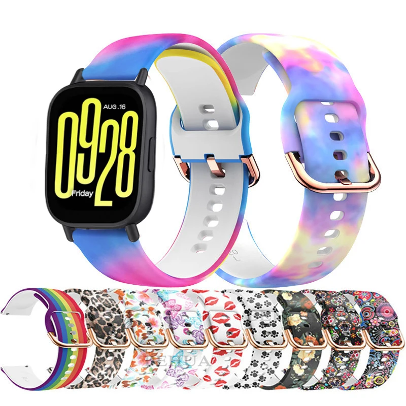Pattern Printed Silicone Watch Strap 20/22mm Universal Floral Leopard Sport Wristband Colorful Replacement For Square Smartwatch