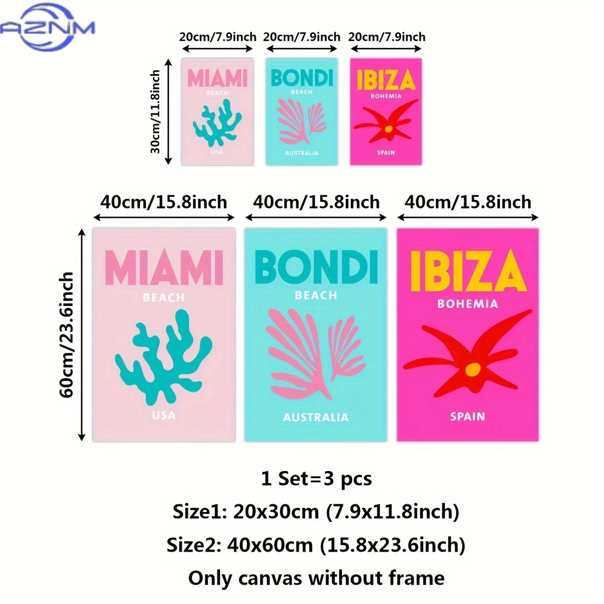 3pcs/Set Preppy Canvas Posters, Ibiza Print, Miami Print, Bondi Print, Travel Prints Poster Home Decoration, Gift for Friends,