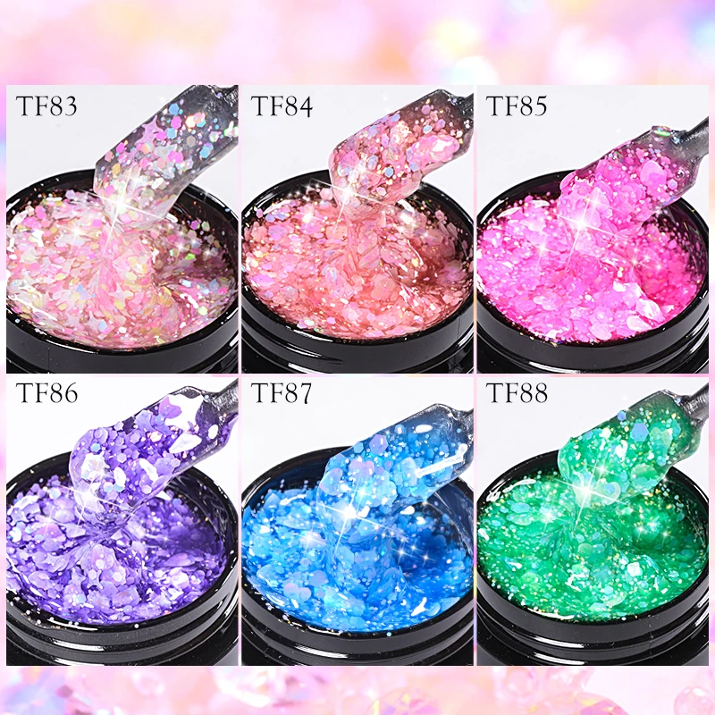 Macaron Glitter Sequins Nail Gel Polish Pink Purple Star Heart Shaped Sequins Gel Polish Semi Permanent Nail Art Gel Varnishes