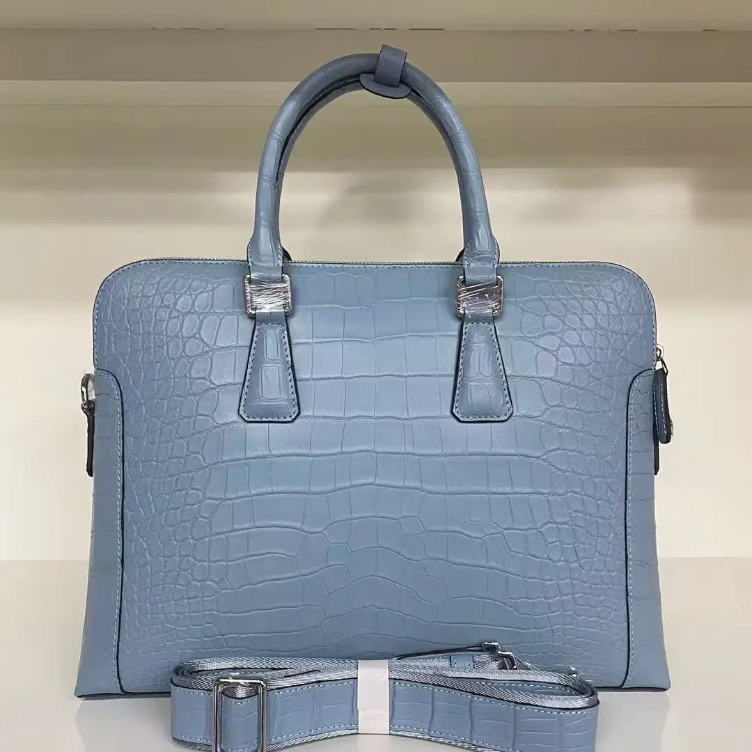 Light Blue luxury quality 100% genuine real crocodile skin men business bag laptop briefcase alligator skin bag