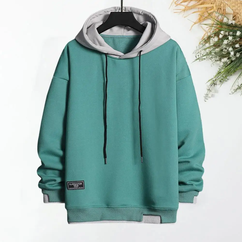 

Men Fall Winter Hoodie Fake Two-piece Drawstring Hooded Long Sleeves Thick Contrast Color Elastic Cuff Soft Warm Sweatshirt