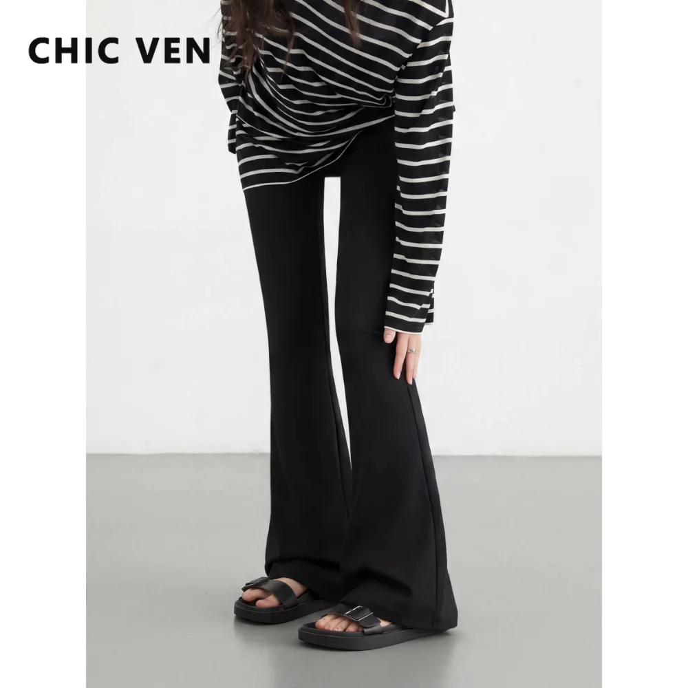 CHIC VEN New Women Pant Elastic Waist Solid High Waist Slim Casual Sports Ladies Flared Trousers Spring Summer 2026