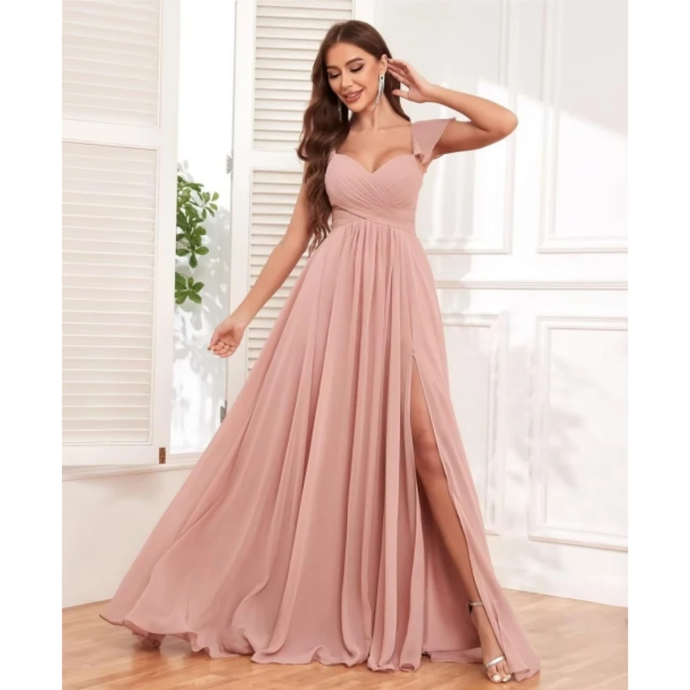 Sweetheart chiffon bruidsmeisjesjurken voor dames ruches geplooide formele galajurk lange avondjurk met zijsplitten en zakken