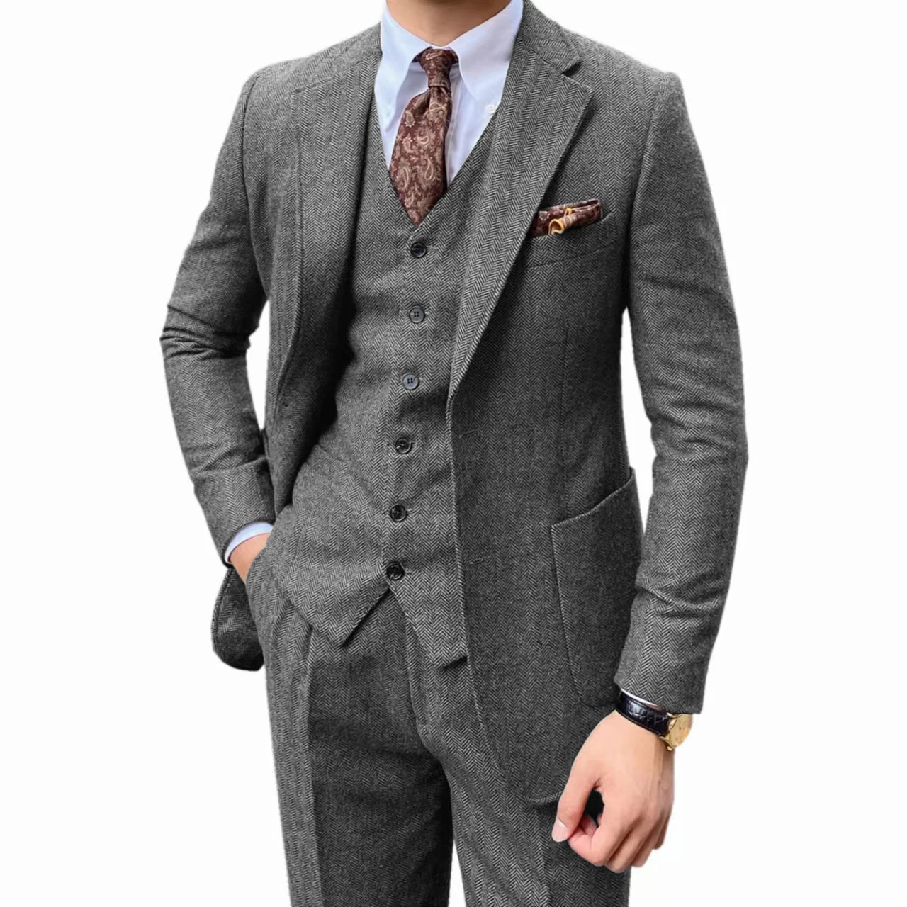 Men's Herringbone Suit Two-piece Set Notched Lapel One Button Herringbone One-breasted Vest Jacket Coarse Woolen Fabrics