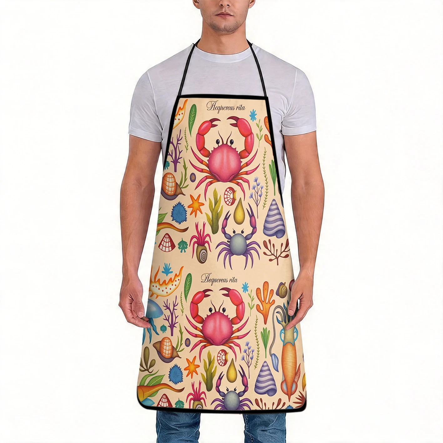 Delantal con Diseño de Vida Marina, Divertido Patrón de Cangrejo, Algas, Conchas y Estrellas de Mar, Delantal de Cocina Creativo con Elementos Oceánicos