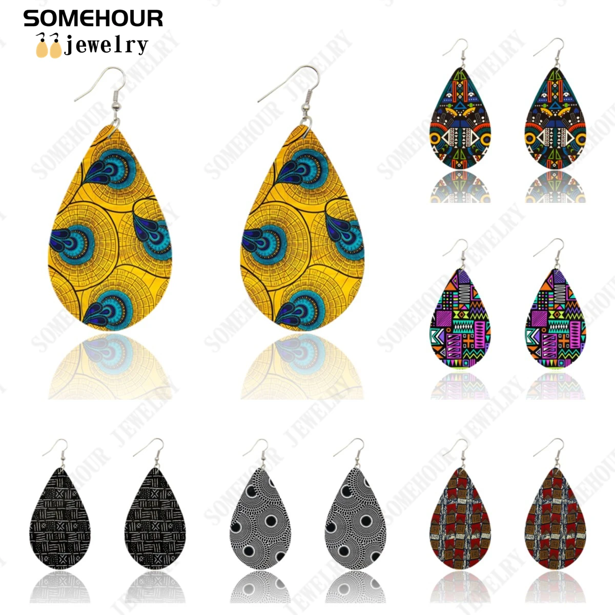 SOMEHOUR Turkish Retro African Fabric Art Teardrop Wooden Dangle Earrings For Women Afrocentric Ethnic Ankara Design Printing