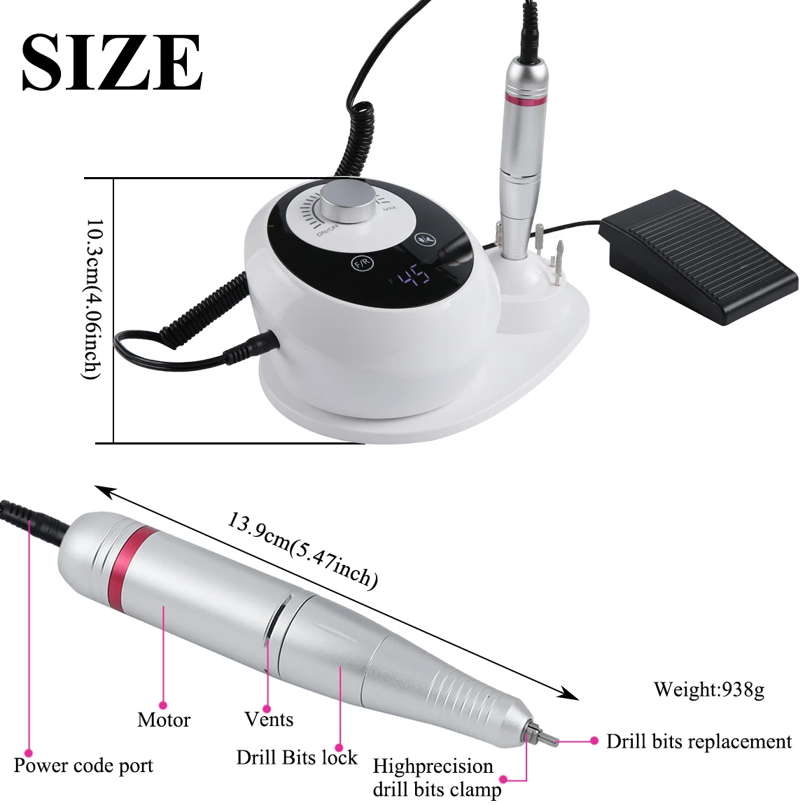 Taladro eléctrico para uñas de 45000 RPM, lima eléctrica con pantalla HD, pluma de manicura de Metal, lijadora de torno profesional para uñas