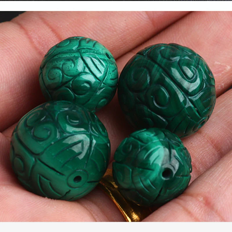 Natural Malachite Stone Carving Pattern Round Shape Loose Beads High Quality DIY Jewelry Accessories 1 Pcs yw54