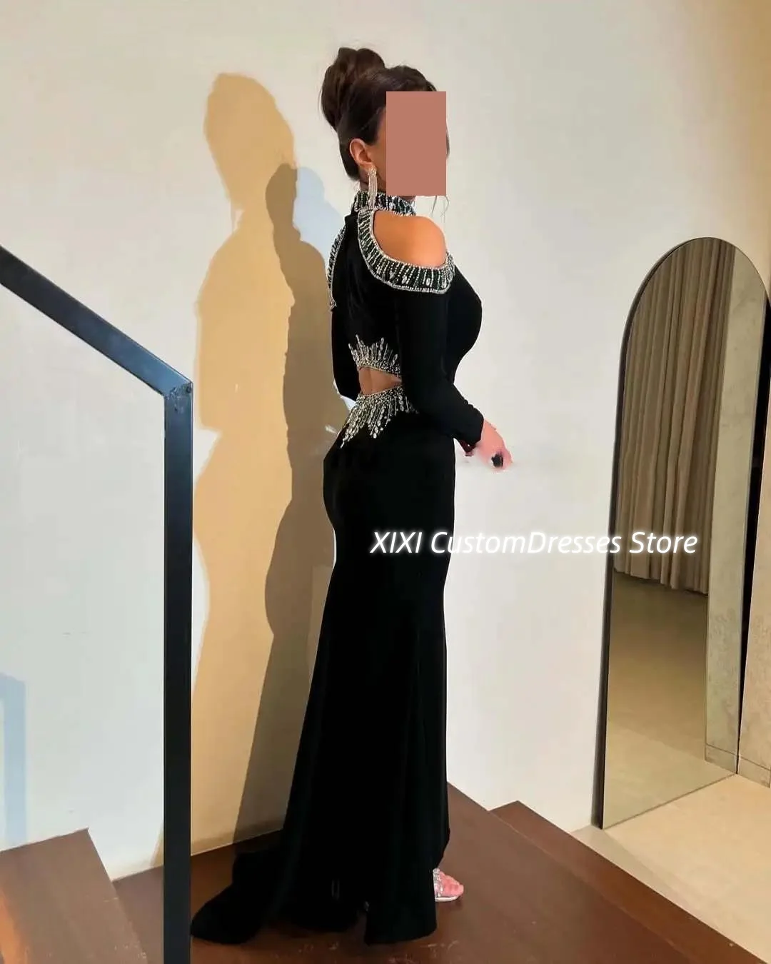 Customized Luxury Evening Dresses A-Line Halter Floor-Length Zipper Up Beadings Birthday Dresses Luxury Long Sleeves Lining