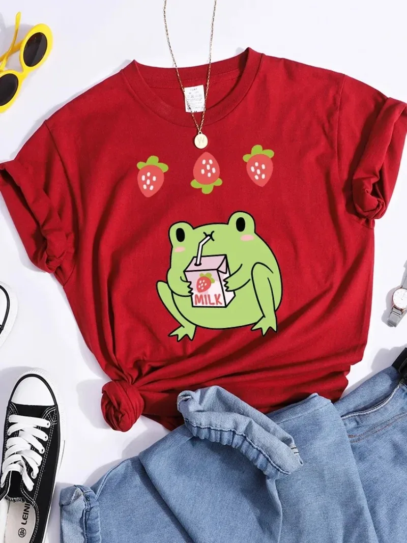 Women Soft Cool T-Shirt Sport Summer Tee Street Hip Hop Crop Top Green Frog Who Loves Drinking Strawberry-Flavored Milk Tshirts