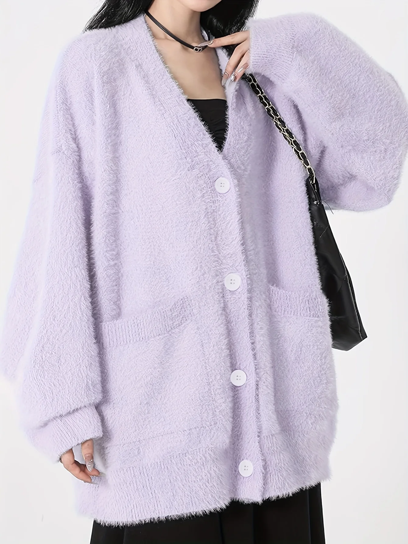 Women\'s Winter Gentle Furry V Neck Knit Cardigan Outwear Korean Solid Color Soft Fuzzy Cardigan Sweater for Female