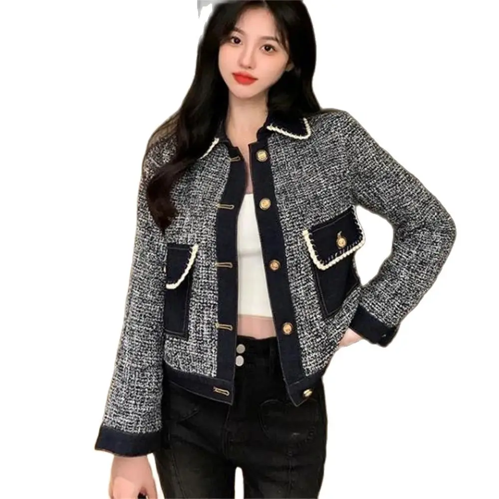 Fashion Women Jackets Lapel Loose Denim Patchwork Pockets Single Breasted Long Sleeve Tweed Coat Autumn 2024 New Outerwear Tops