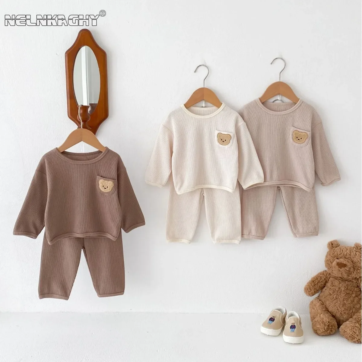 2025 Spring New in Kids Baby Girls Boys Cute Clothes Infant Waffle Cartoon Bear Top + Pants Toddler Casual Clothing Set 2pcs