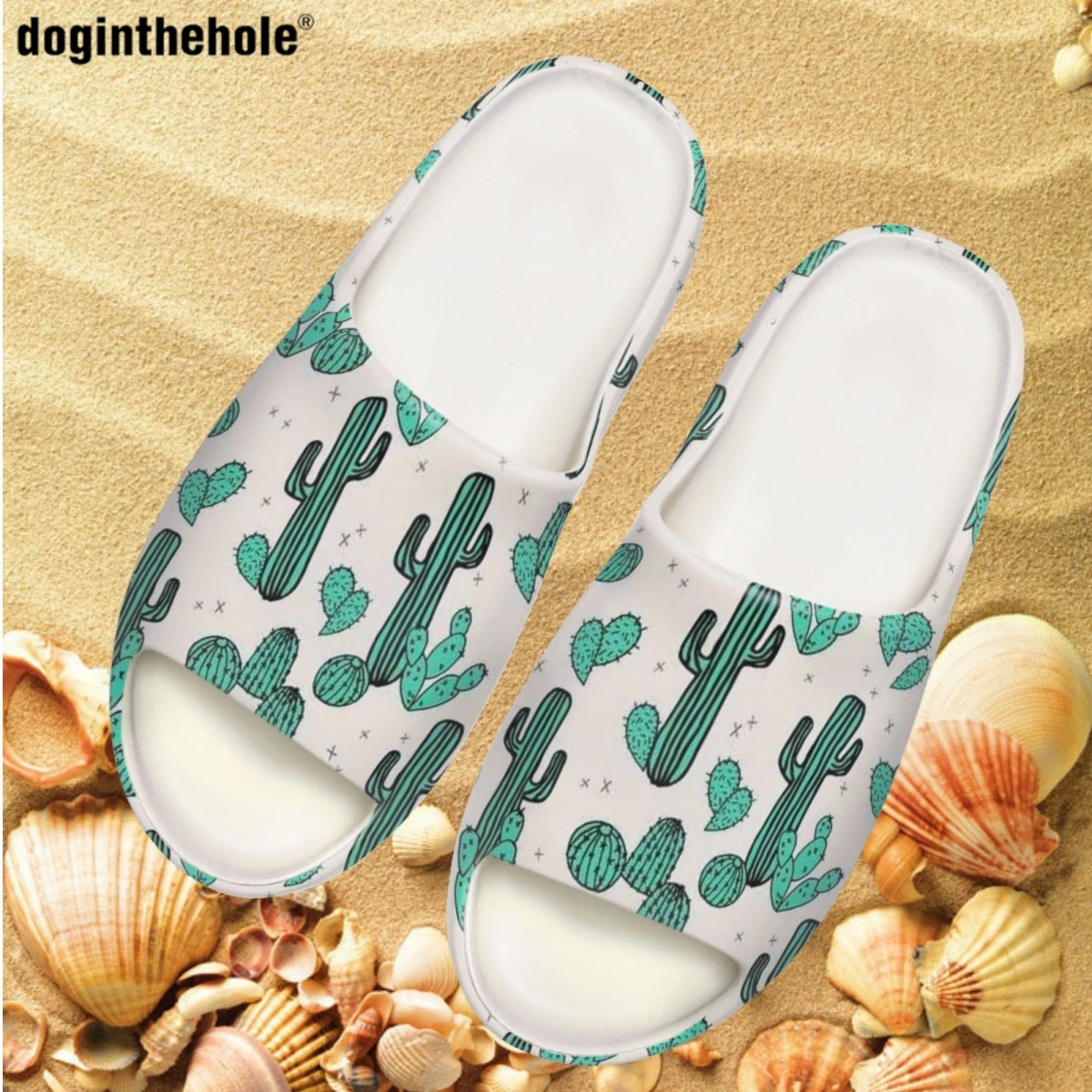 Doginthehole Women Summer New Coconut Slippers Fashion Trend Cactus Print Beach Slippers Couple Outdoor Slip On Wading Sandals