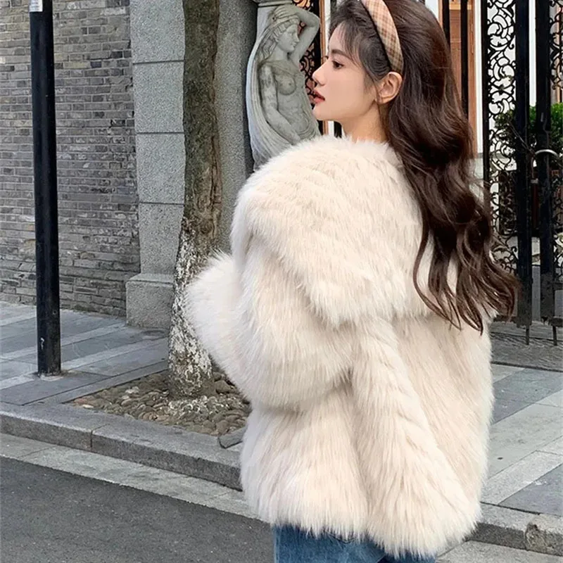 Senhoras coreanas moda pele do falso outwear outono inverno feminino cor sólida casaco de pele 2025 feminino high-end mangas compridas jaqueta de pelúcia