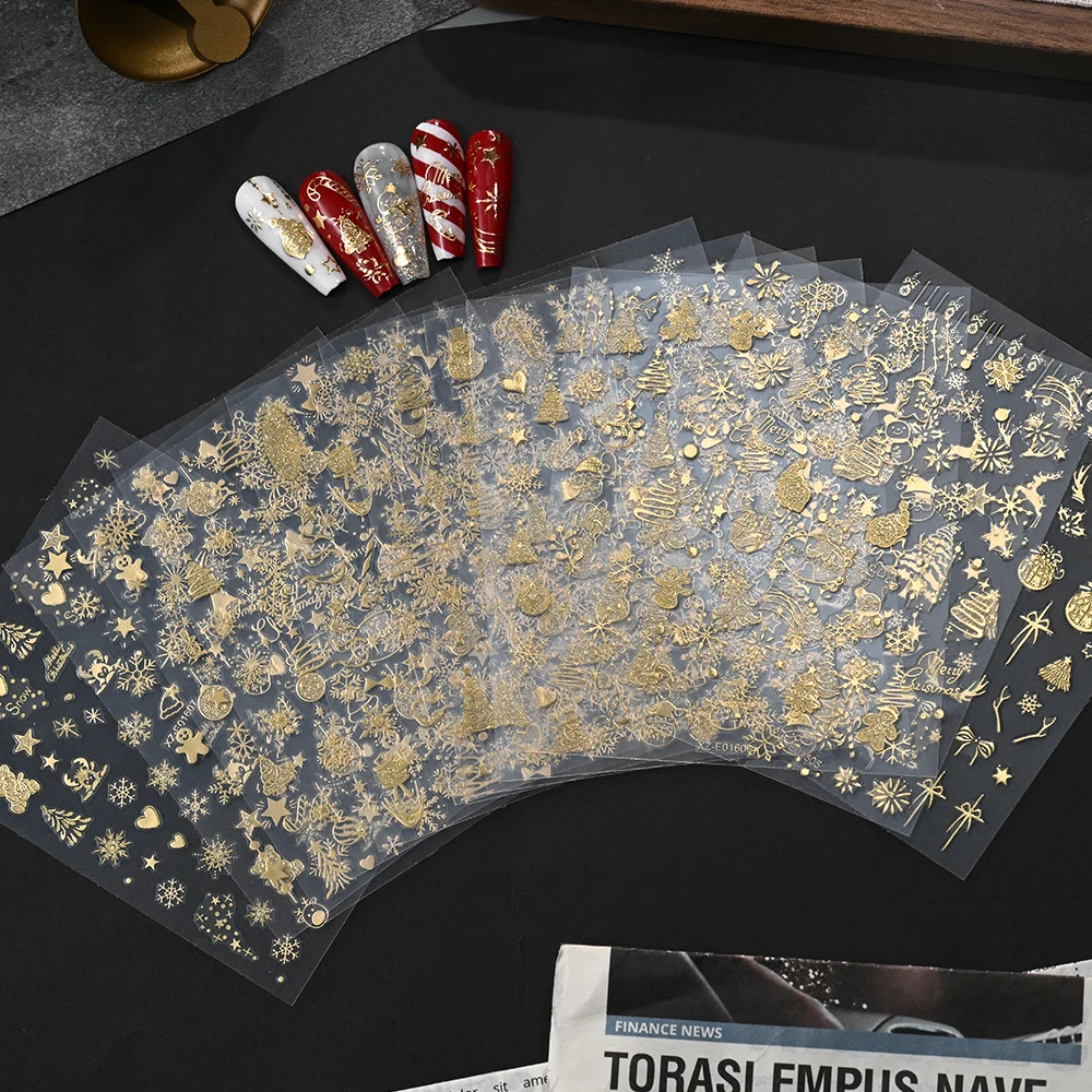 1 stks 5D Fonkelende Gouden Kerst Sticker voor Nagels Decoratie Chrome Sneeuwvlokken Kerstman Decals Kerst Feestelijke Manicure Benodigdheden