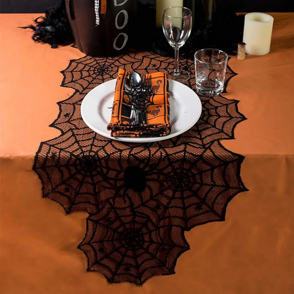 Translucent Spider Web Black Lace Table Runner Mesh Long Strip Halloween Table Cover with Spider Pendant Gothic Lace Tablecloth