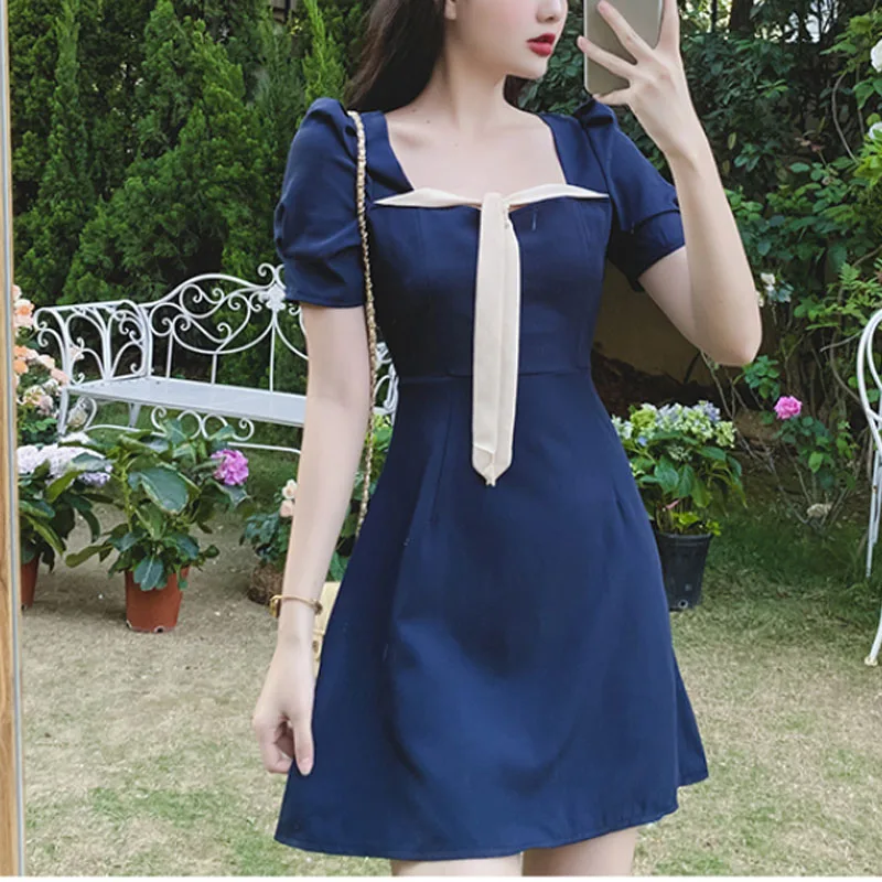 

New Women's Summer Solid Color Square Collar Fashion Simplicity Slimming Appear Thin Vintage Commuter Short Sleeve Dresses