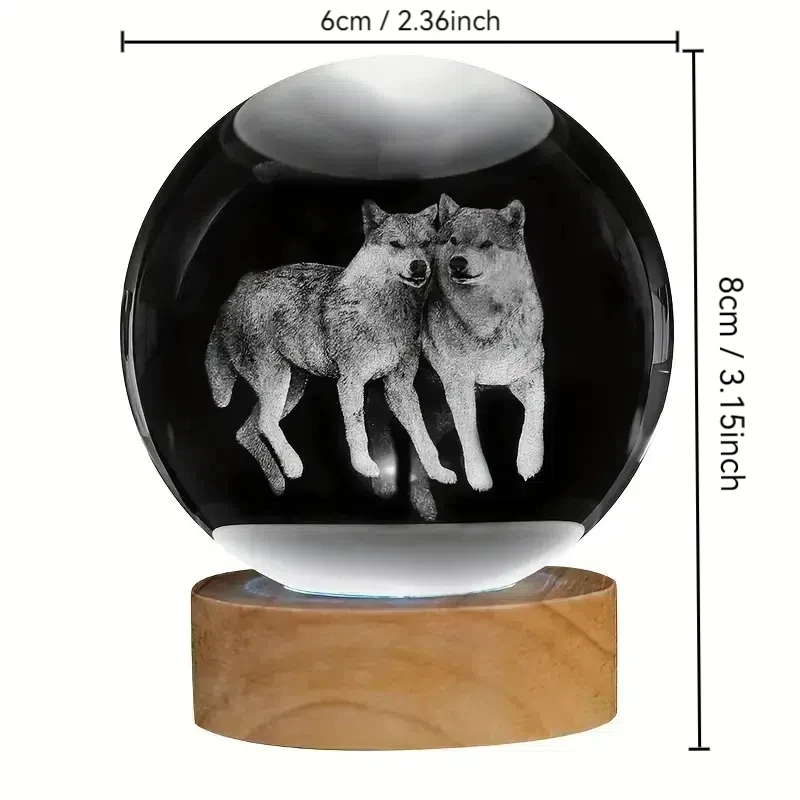 1pc 3D Wolf Crystal Ball wooden base nightlight, for girlfriend, wife, parents holiday gift, Christmas anniversary, glass ball,