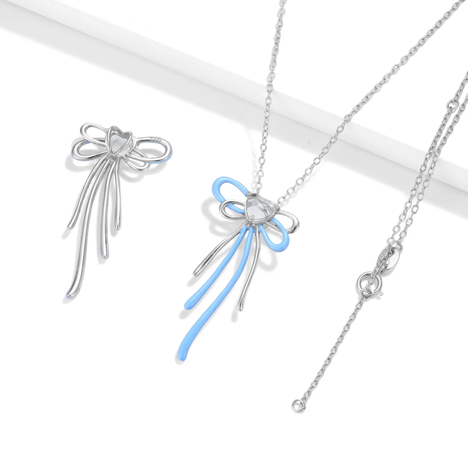 S925 Sterling Silver Blue Bow Necklace Simple Hollow Y2K Millennial Style Personality Necklace Stainless Steel Jewelry